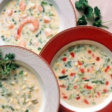 This stunning trio of corn-based soups all start out as a puree of fresh corn kernels, green onions and milk.