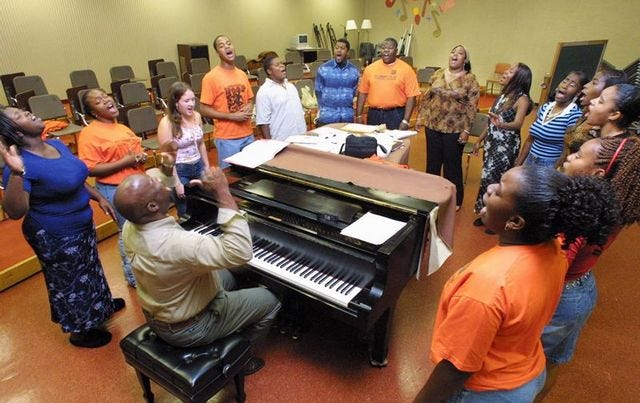 PAUL JOHNSON/The Ledger
John Ware, at the piano, conducts a practice of the Polk Community College Gospel Choir recently in Winter Haven.