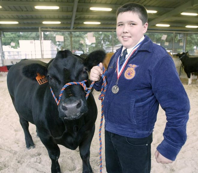Mathew Spivey, 12, leads his steer, Gamble, at the Polk County Youth Fair in Bartow on Friday. Mathew won the championship with his 1,270-pound steer.