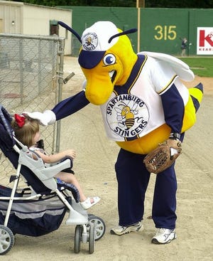 Dinger the Stinger visits 2-year-old Carah Davidson at Duncan Park during the Spartanburg Stingers' media day, introducing most of the team before its first season in the Coastal Plain League.