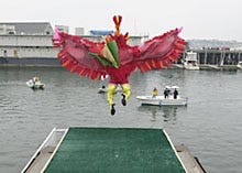 It's a bird, it's a man ... specifically, it's Curt Rogers of Cambridge as the Red Rooster, taking a flying leap off MacMillan Wharf during P'town's Birdman Competition.