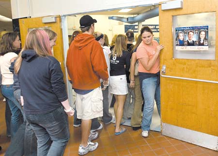 A line of students make their way into the cafeteria for lunch at Winnacunnet High School.