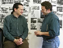 The Tony Award-winning creators of "Urinetown: The Musical": Mark Hollmann (music and lyrics), left, and Greg Kotis (book and lyrics). Kotis got his start in theater as a student at Nauset Regional High School.