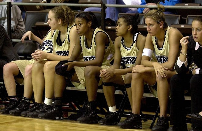 Looking dejected and worn out, the Wofford women's basketball team sits on the sidelines during another defeat, Monday night's loss to Furman.