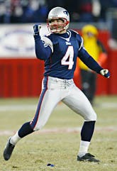 Adam Vinatieri celebrates his late-game field goal - a 46-yarder which wobbled and wiggled and barely curled inside the upright. Still, it was good enough to be the difference last night as the Patriots edged Tennessee, 17-14.