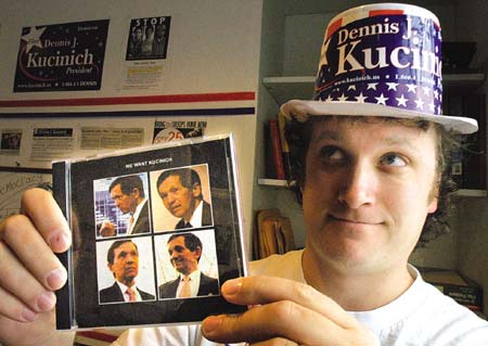 Kevin Ronkko a musician from Dover, holds a CD titled, "We Want Kucinich," a compilation of songs supporting presidential hopeful Dennis Kucinich.
Photo by Rich Beauchesne/rbeauchesne@seacoastonline.com
