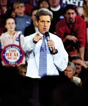 Sen. John Kerry addresses voters at a rally in Portland, Maine, on Thursday.AP photo