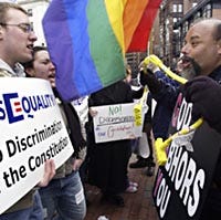 Confrontations by demonstrators outside the Statehouse underscored the emotion surrounding the debate over gay marriage. Ruben Israel, right, of L.A. argues with people opposed to changing the state Constitution.