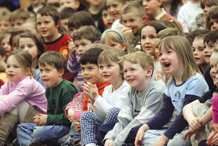 Students at the Village Elementary School in York react to FOODPLAY, a traveling theatre show that teaches kids the importance of healthy eating and exercise on Thursday afternoon.