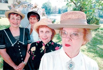 Dunnellon Heritage Days Tab-
From Left, Carol Oakes, Ann Anderson, Shirley Sogor, and Patricia Yarborough shown on the Withlacochee River Monday March 29, 1999, show period type dress in preperation for the upcoming Heritage Days celebration in Dunnellon, Florida. [eds note: Heritage Days was formerly known as Boom Town Days
