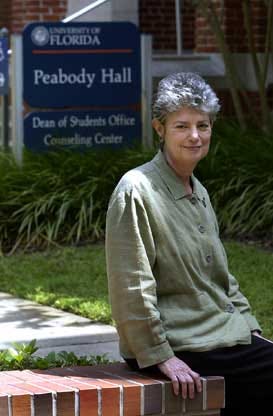 Jaquie Resnick, head of counseling services at the University of Florida, sits outside Peabody Hall on Friday.