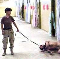 A female U.S. soldier, identified as Terrie England of West Virginia, holds a naked prisoner on a leash.