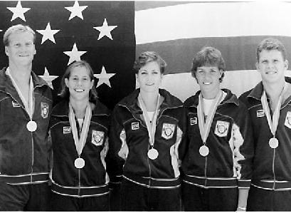 UF gold medalists in swimming at the 1984 Games were, from left, David Larson, Theresa Andrews, Mary Wayte, Tracey Caulkins and Mike Heath.