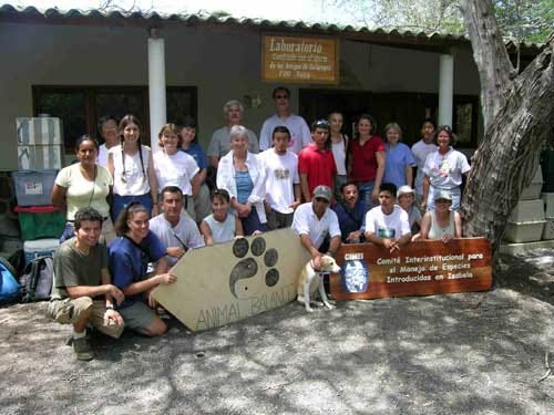 The UF team brought to the Galapagos Islands by Animal Balance are Melissa Glikes, kneeling fourth from left; Susan Wright, Julie Levy and Cynda Crawford, standing third, fourth and fifth from left; Sylvia Tucker, standing third from right, and Sharon Nataline standing at right.