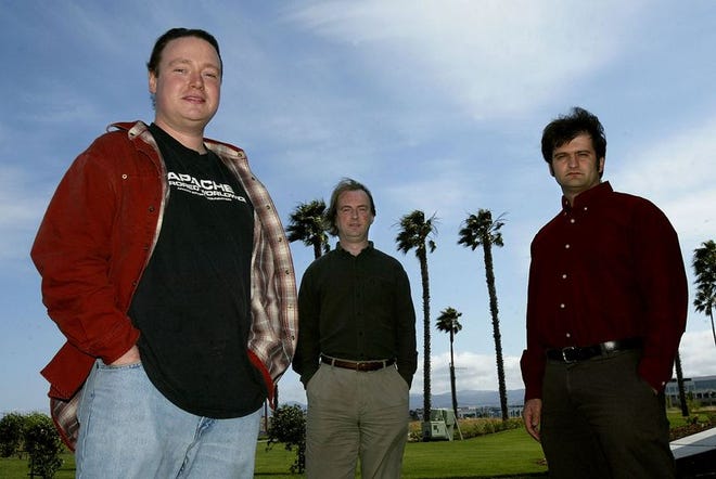 Apache Software Foundation members Brian Behlendorf, from left, Martin Cooper and Ed Korthof are shown in Brisbane, Calif., last week. The Apache project created the world's leading Web server, the software that relays content to Web browsers.