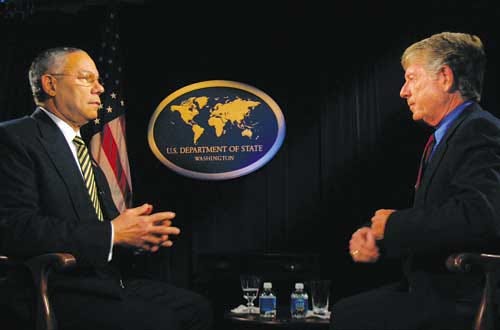 ABC News' Ted Koppel, right, interviewed Secretary of State Colin Powell at the U.S. State Department in Washington, D.C., earlier this year for "Nightline."