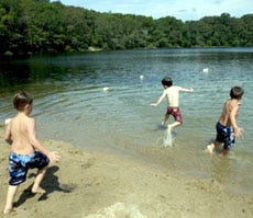 Jack Edgar of Falmouth, Jordan Gonsalves of East Falmouth and Joseph Peroni of Lakeville dash into to Grews Pond in Falmouth's Goodwill Park after their swim class.