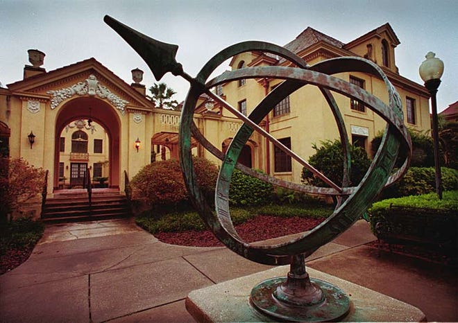 The artfully designed sundial at the Thomas Center was given in memory of Albert John Gowan by his family in 1986.