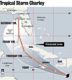 Shown is the expected path of Tropical Storm Charley.