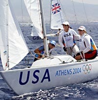 U.S. skipper Carol Cronin, center, crew members Nancy Haberland, left, and Liz Filter practice for their Yngling keelboat sailing event at the 2004 Olympic Games in Greece.