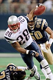 After missing last week's game with a thigh injury, Corey Dillon came through for the Patriots yesterday, rushing for 112 yards in 25 carries to help balance Tom Brady's passing game.