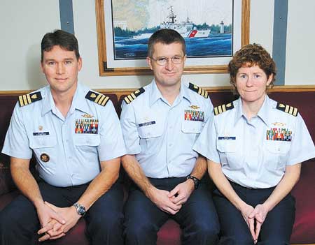 The commanding officers of the Coast Guard cutters stationed at Portsmouth Naval Shipyard are, from left, Cmdrs. Graham Stow of the Reliance, Matt von Ruden of the Campbell and Anne Ewalt of the Tahoma.