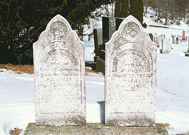 The graves of Anethe and Karen Christensen, the two women murdered on Smuttynose Island by Louis Wagner on March 6, 1873, stand side-by-side in South Cemetery in Portsmouth.