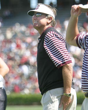 South Carolina coach Steve Spurrier watches late game action during South Carolina's Spring Garnet and Black game Saturday in Columbia, S.C. The game was attended by 38,806 fans hoping to see a newly energized South Carolina squad in Spurrier's first season as coach.