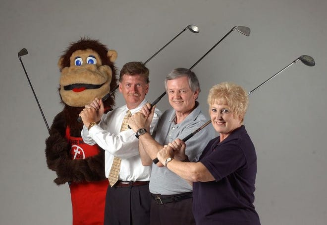 Kevin Jones, from left, Bob Crews and Sherry Murphy join Eugene "The Just Say No" Gorilla to promote the Just Say No Golf Tournament.