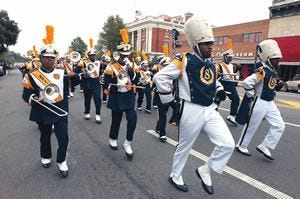 The Stillman College marching band works its way down University Boulevard during it's homecoming parade.
