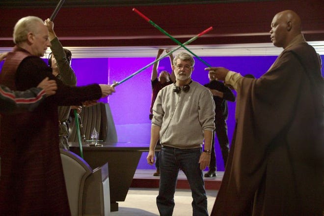 George Lucas works behind the scenes on "Star Wars: Episode III Revenge of the Sith" with Ian McDiarmid, left, and Samuel L. Jackson. Now that Lucas has finished the last of his six "Star Wars" movies, what will become of his company, Lucasfilm? To hear Lucas tell it, Lucasfilm will be less ambitious, not more.