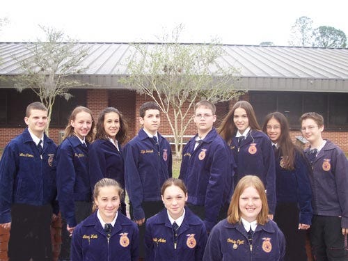Members of the Lake Butler Middle School FFA team are, front, from left, Lacey Webb, Danielle Adler and Hannah Tucker and back, from left, Matthew Thomas, Hillary Ricks, Jenna Driggers, Kris Bracewell, Clint Williams, Ashton Howard, Gabby Perez and Tyler Stone.