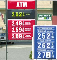 Signs at gas stations along the Route 1 Bypass in Portsmouth reflect the increasing trend in high prices.