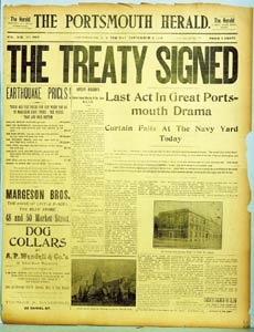 The front page of the Sept. 5, 1905, Portsmouth Herald plays up the signing of the Russo-Japanese peace treaty, signed in the city. File image