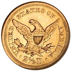 This undated image provided by American Nusismatic Rarities shows the back of the "Quarter Eagle," a dime-sized gold coin made with California Gold Rush ore at the San Francisco Mint in 1854. AP photo