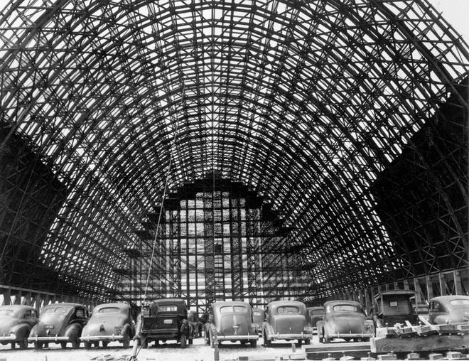 This photo furnished by the Houma-Terrebonne Airport Commission shows the “Blimp Hangar” under construction in early 1943. The end door is closed. The hangar was 1,000 feet long by 300 feet wide with a height of 225 feet.