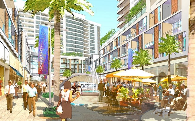A rendering of what the revamped Sarasota Quay might look like once it is completed. The proposal includes an open-air piazza with fountains.