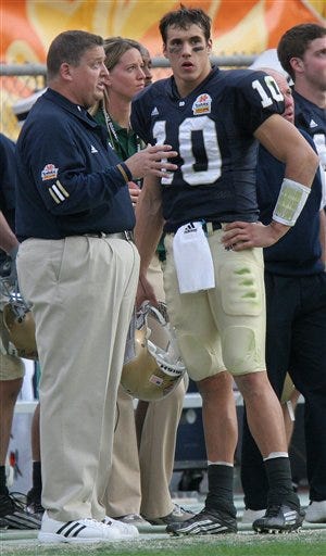 Notre Dame head coach Charlie Weis talks to quarterback Brady Quinn (10) in the first half of the Fiesta Bowl college football game against Ohio State, Monday, Jan. 2, 2006 at Sun Devil Stadium in Tempe, Ariz.. Ohio State won, 34-20.