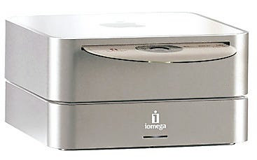 The compact Iomega MiniMax hard drive matches the Mac Mini's style.