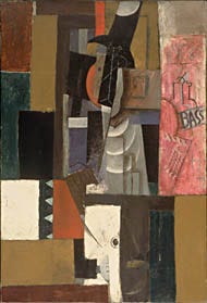 Among the works on display are the stone sculpture "Pierrot" (1919), by Jacques Lipchitz; "Man With Guitar" (1913), above, an oil on canvas by Pablo Picasso; and "Pipe et Compotier" (1919), an oil and sand on canvas by Georges Braque.