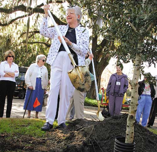 Four Seasons Garden Club member Margarete Ruth holds her golden shovel after putting her portion of soil over the Cathedral Live Oak tree the garden club planted in dedication to the men and women serving in the armed forces during their annual tree-planting at the Thomas Center.