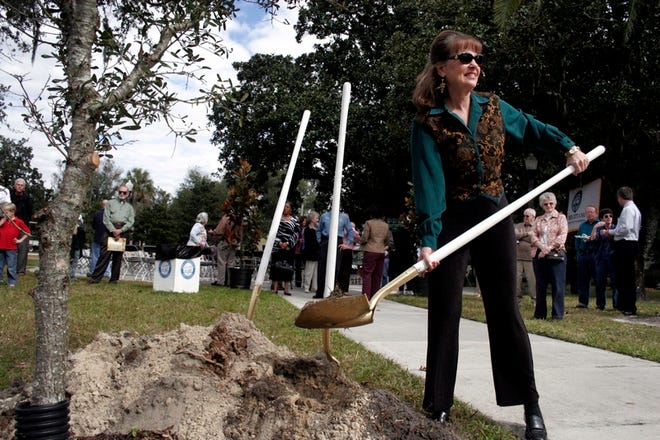 Anita Spring, City of Gainesville Beautification Board chair, shovels dirt into a new tree plot planted at Roper Park during the Arbor Day ceremony on Friday.