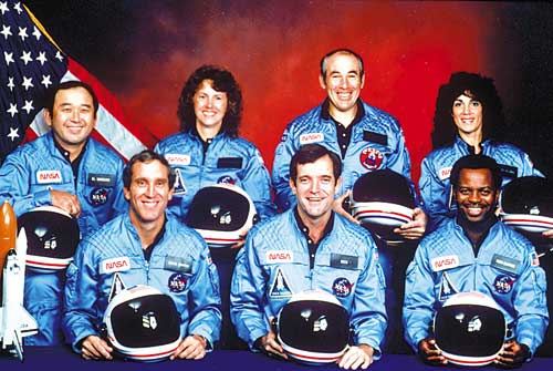 **FILE** The crew of the space shuttle Challenger is seen in this 1986 file photo released by NASA. From left to right: Ellison Onizuka, Mike Smith, Christa McAuliffe, Dick Scobee, Greg Jarvis, Ron McNair and Judy Resnick. The space shuttle Challenger exploded shortly after lifting off from Kennedy Space Center Jan. 28, 1986. All seven crew members died in the explosion, which was blamed on faulty O-rings in the shuttle's booster rockets. The disaster shattered NASA's image and the belief that flying on a spacecraft could become as routine as flying on an airplane. The 20th anniversary of the disaster is Saturday, Jan. 28, 2006.