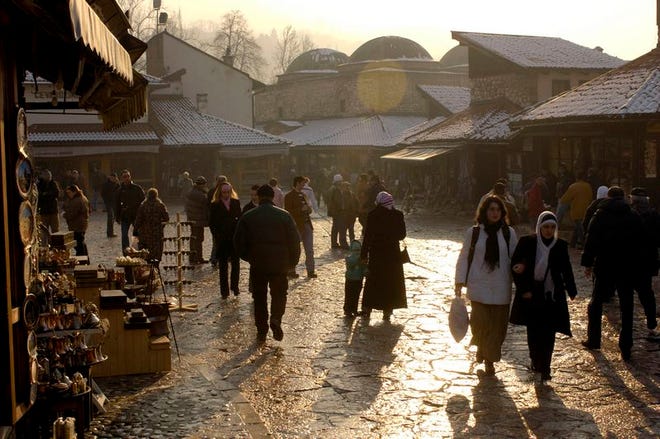 Shoppers in Bascarsija, the old Turkish quarter in Sarajevo in January 2006, which dates back to the city's Ottoman roots.