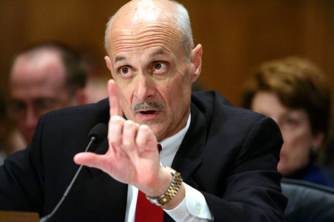 Homeland Security Secretary Michael Chertoff responds to questioning before the Senate Committee on Homeland Security and Governmental Affairs on Wednesday on Capitol Hill in Washington.