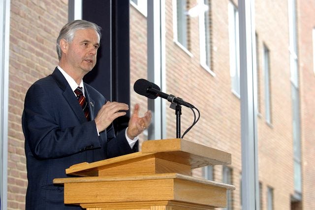 Congressman Jeb Bradley speaks to the crowd at the opening of the Kingsbury Hall South Wing, in Durham Friday afternoon.