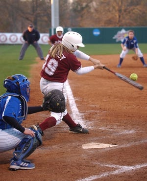 Alabama’s Staci Ramsey hits an RBI single during the sixth inning against Drake at the UA Softball Complex on Friday.
