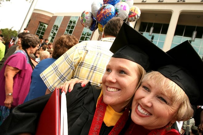 Amy Daniel, left, and her mother, Linda Daniel, congratulate each other after they received master’s degrees from the University of Alabama.