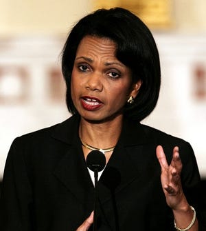 Secretary of State Condoleezza Rice gestures during a news conference discussing the nuclear standoff with Iran on Wednesday at the Department of State in Washington.