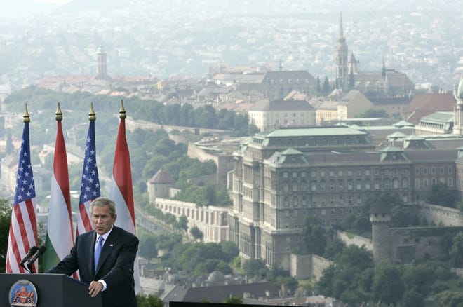 U.S. President George Bush delivers a speech on Gellert Hill in Budapest, Hungary, on Thursday.